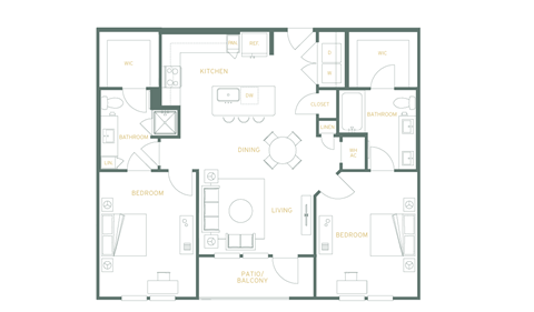 Floor plan for 2 beds, 2 baths, 1149 sqft